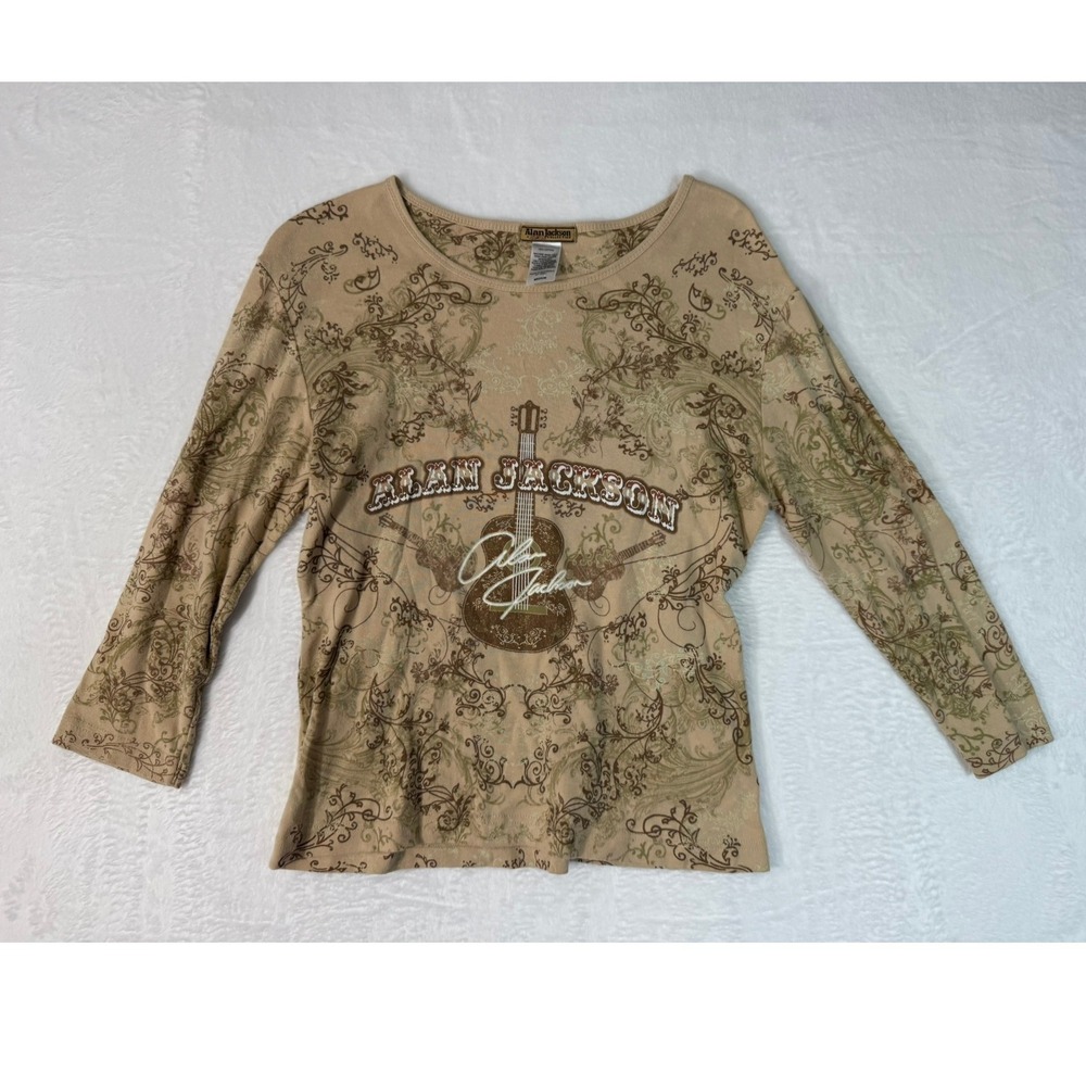 Y2K Alan Jackson Paisley T-Shirt Women's Size Medium Tan Guitar‎ Country Music
